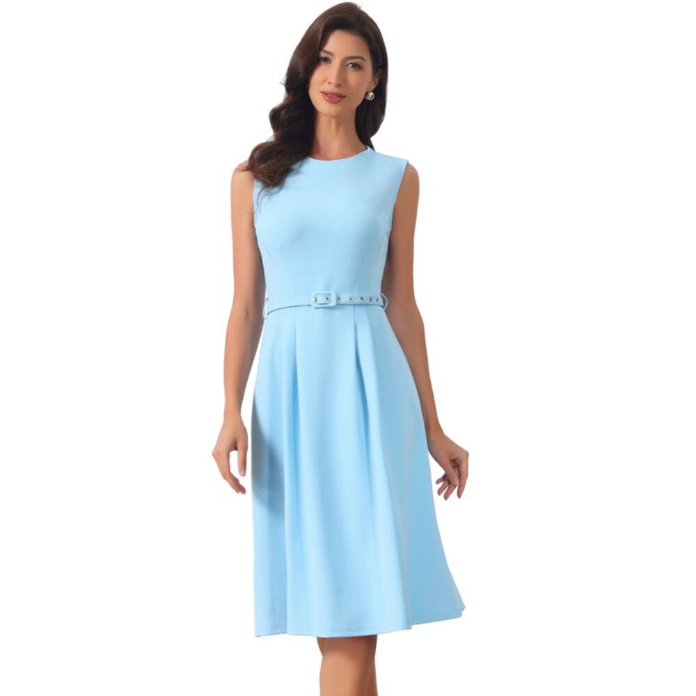 Women's Work Dress Sleeveless Crew Neck A-Line Office Dress Sky Blue